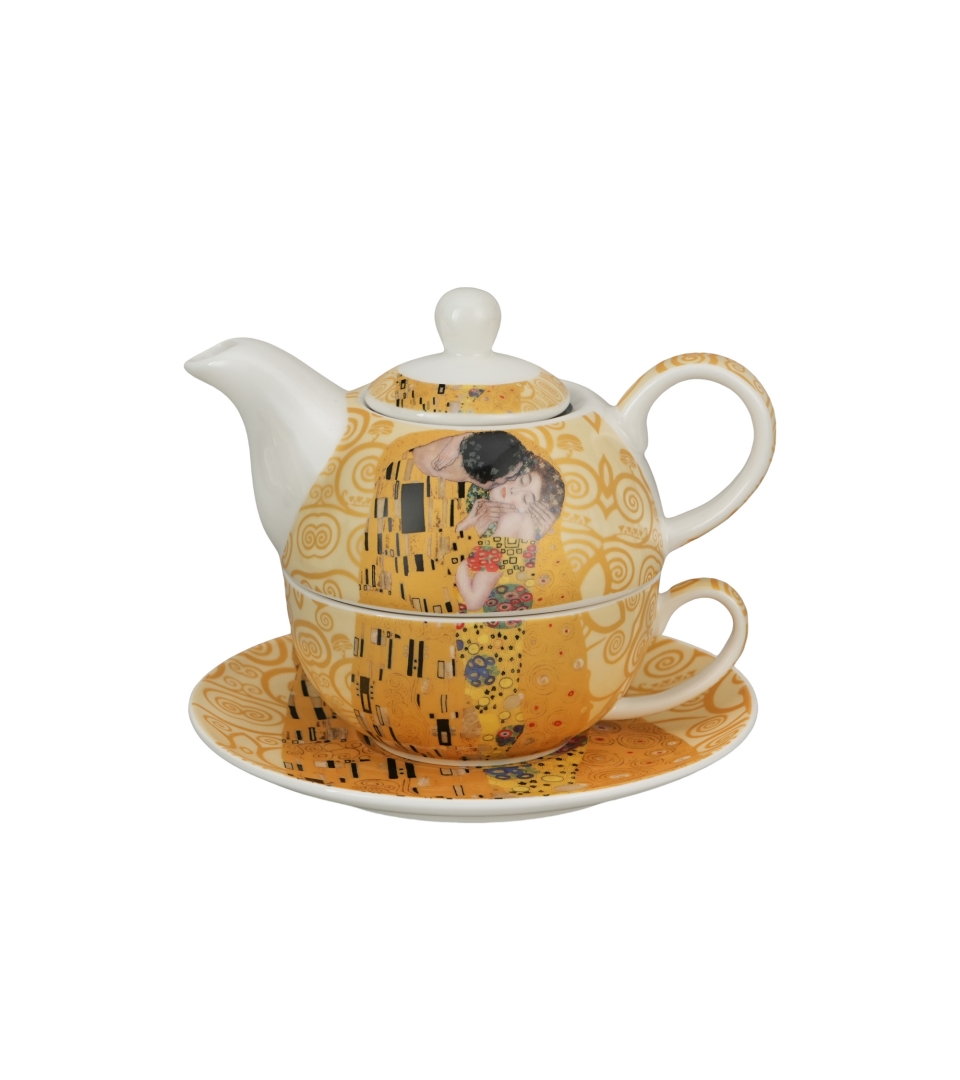 Filiżanka z dzbankiem i zaparzaczem THE KISS ECRU inspired by Klimt