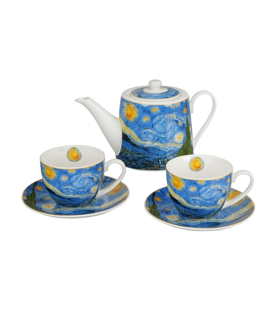 Zestaw dzbanek z zaparzaczem ze stali nierdzewnej i 2 filiżanki ze spodkami STARRY NIGHT inspired by Van Gogh