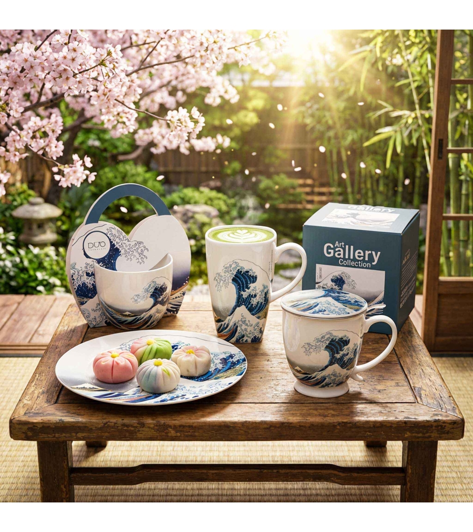 Kubek 460 ml w "koszyczku" THE GREAT WAVE inspired by K. Hokusai (sprzedaż w zestawach po 4 szt.)