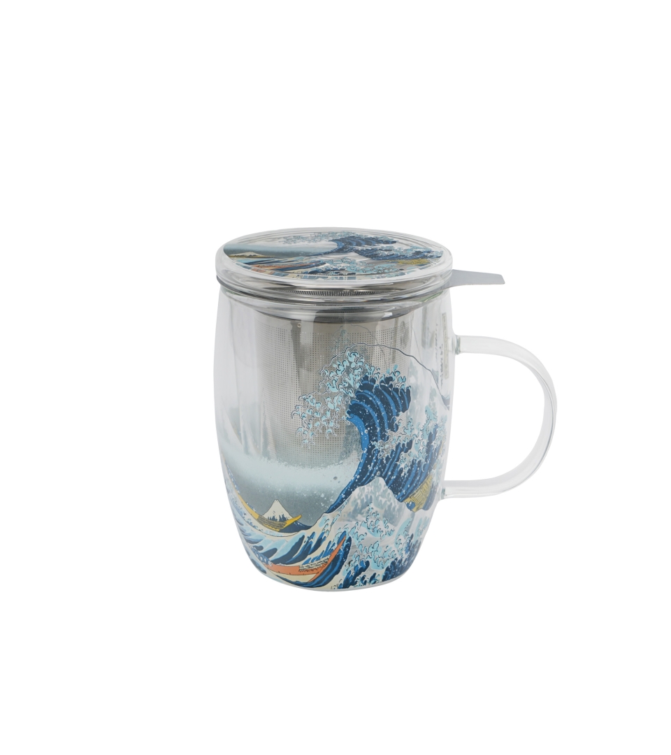 Kubek szklany z podwójną ścianką i zaparzaczem ze stali nierdzewnej THE GREAT WAVE inspired by HOKUSAI