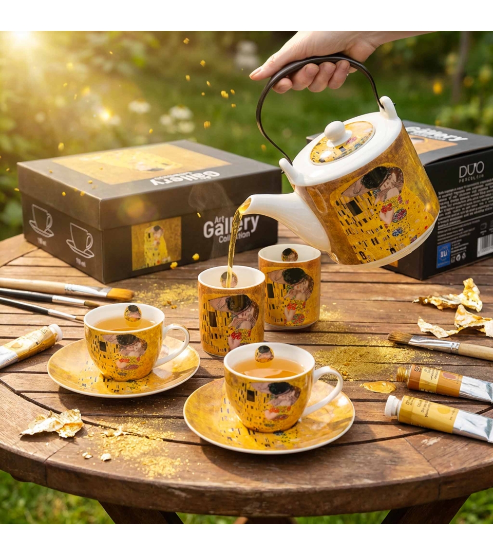 Dzbanek z zaparzaczem ze stali nierdzewnej i 2 czarkami THE KISS CLASSIC inspired by G. Klimt